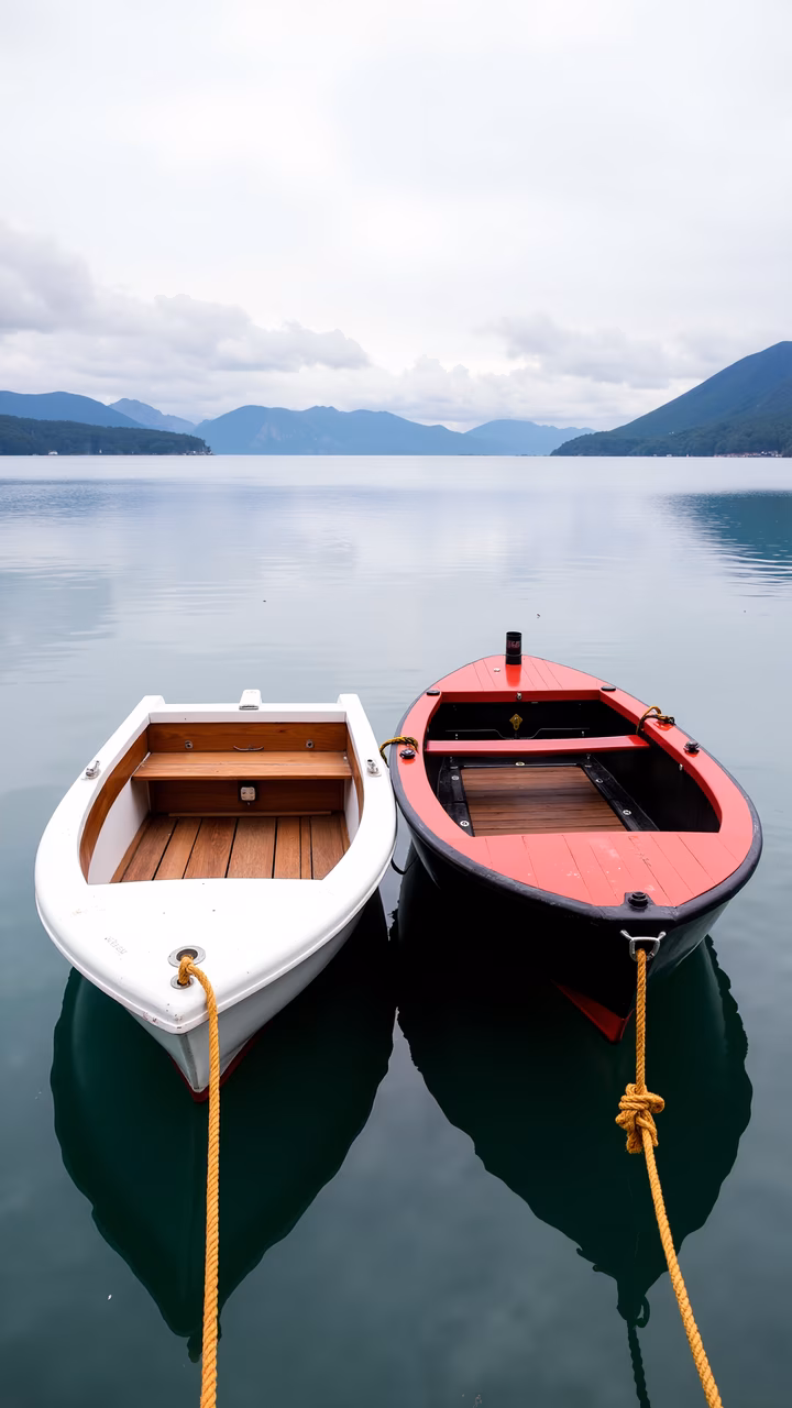 Two boats on a peaceful lake under an overcast sky.