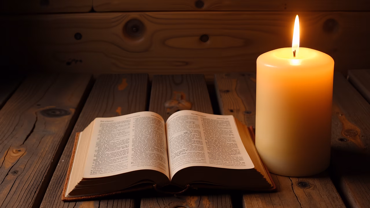 A peaceful moment captured with an open book and a candle.