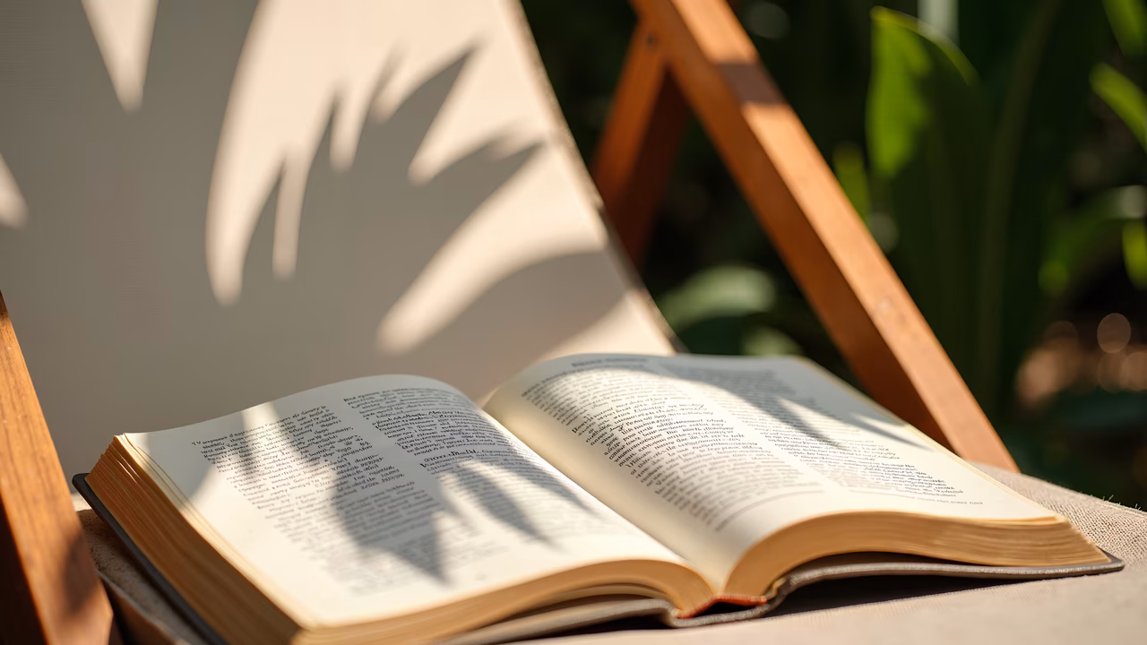 A peaceful moment captured with an open book and leafy shadows.