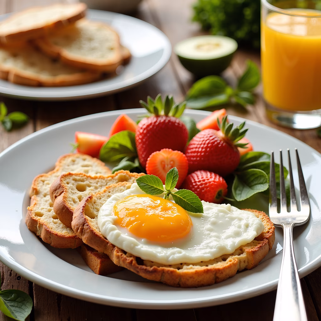 A delicious breakfast plate with a sunny-side-up egg and fresh fruits.