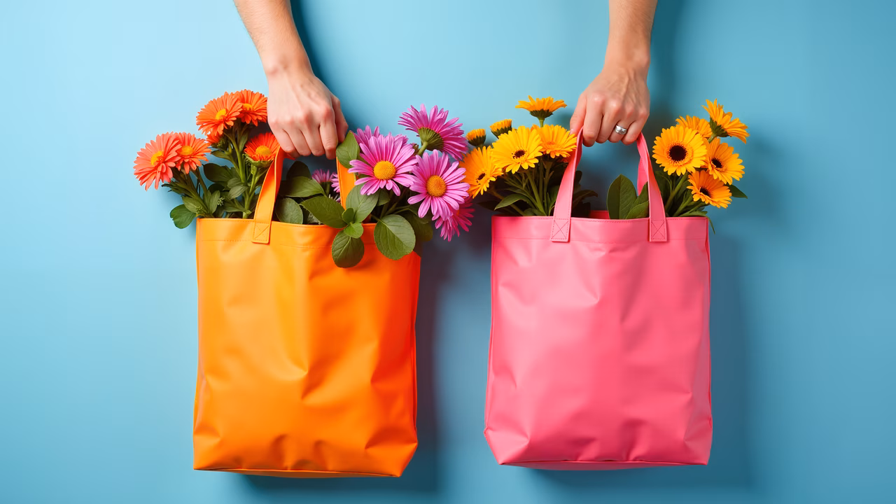 Colorful shopping bags filled with flowers on a blue background.