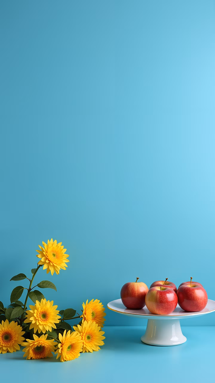 Bright sunflowers and red apples against a turquoise backdrop.