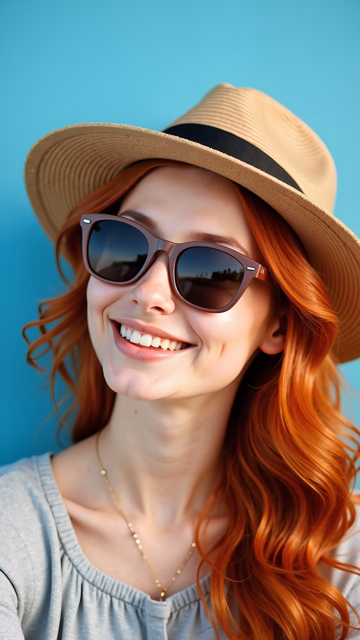 Bright smile, vibrant red hair, casual portrait, sunny day