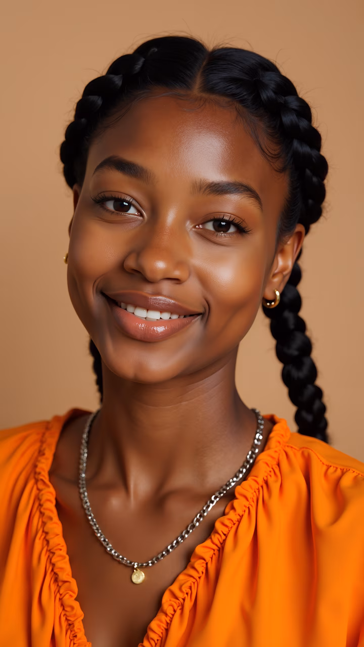 Close-up portrait of a smiling individual with braids, wearing orange and gold accessories.