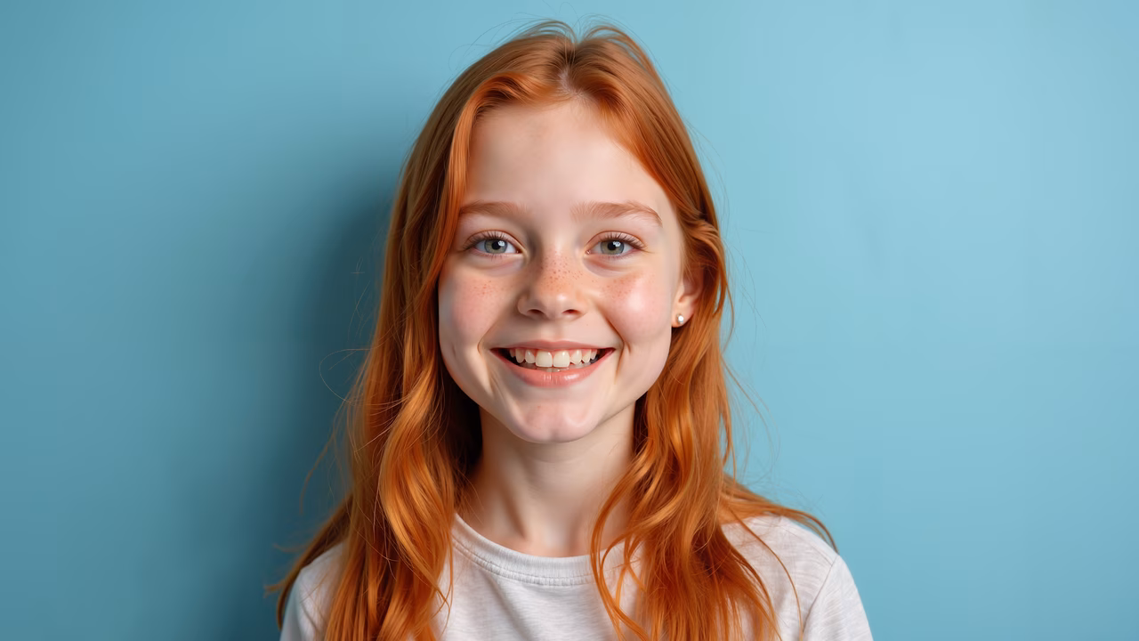 Close-up portrait of a smiling girl with red hair against a teal background.