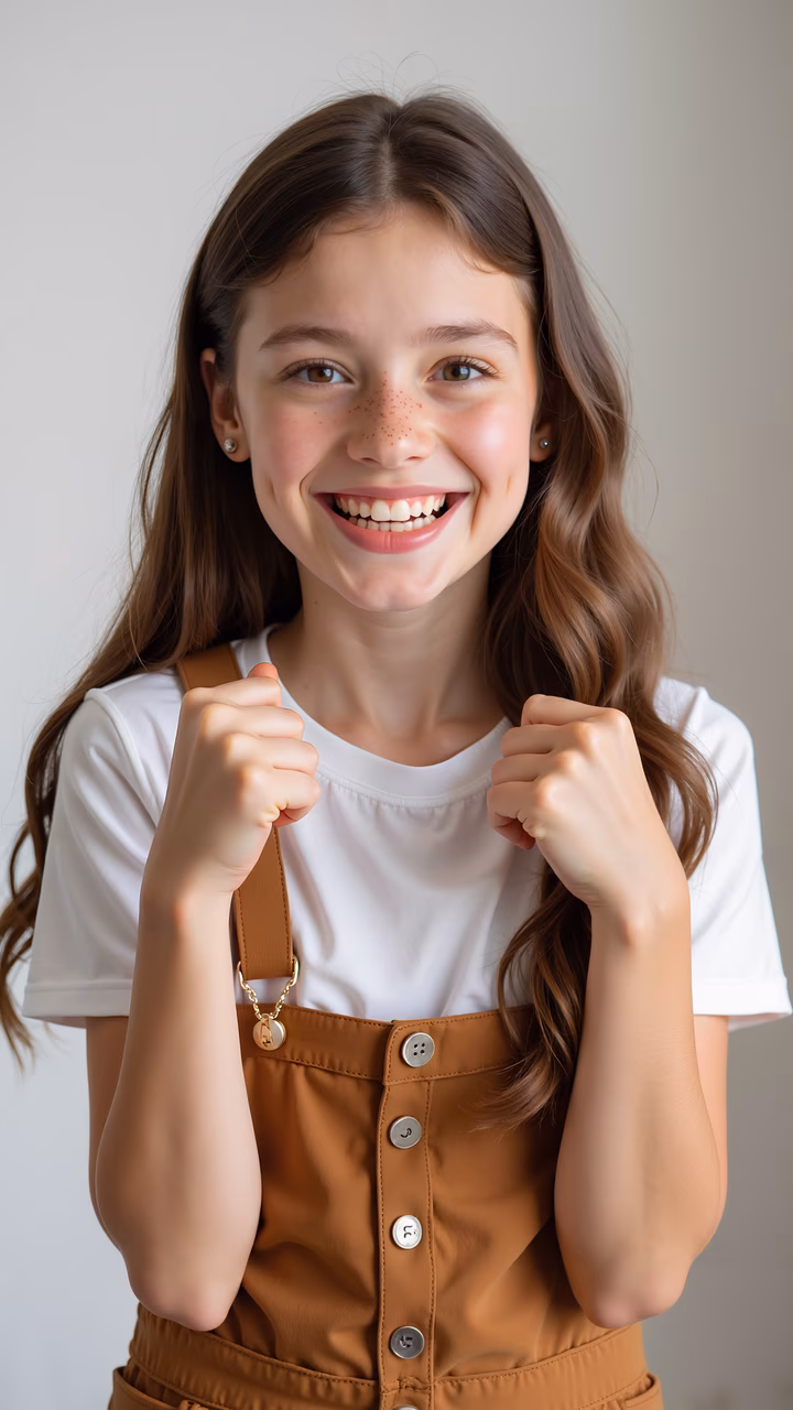 Close-up portrait of a joyful young girl with bright smile and clenched fists, exuding positivity and energy.