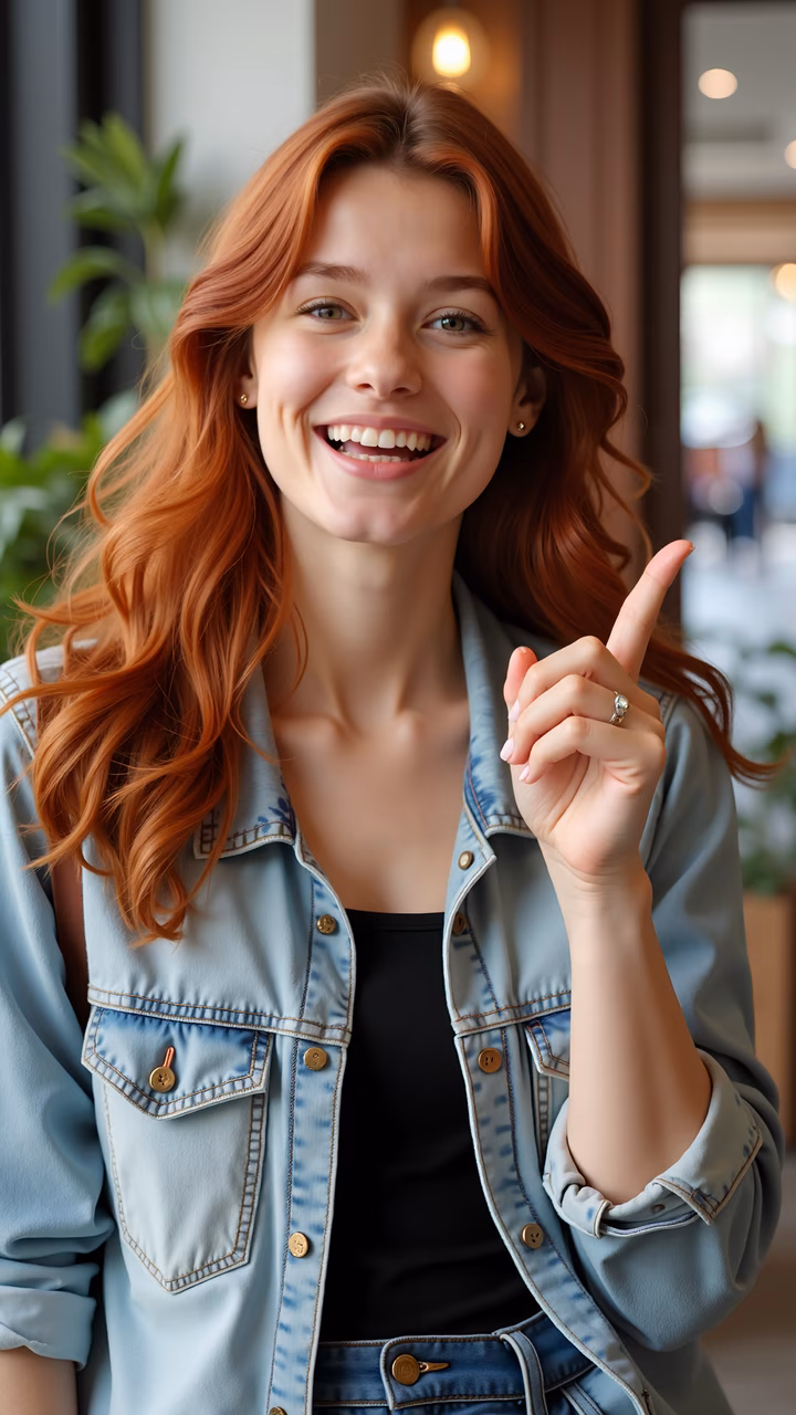 Bright smile portrait of a casual young woman in a denim jacket, exuding warmth and friendliness.