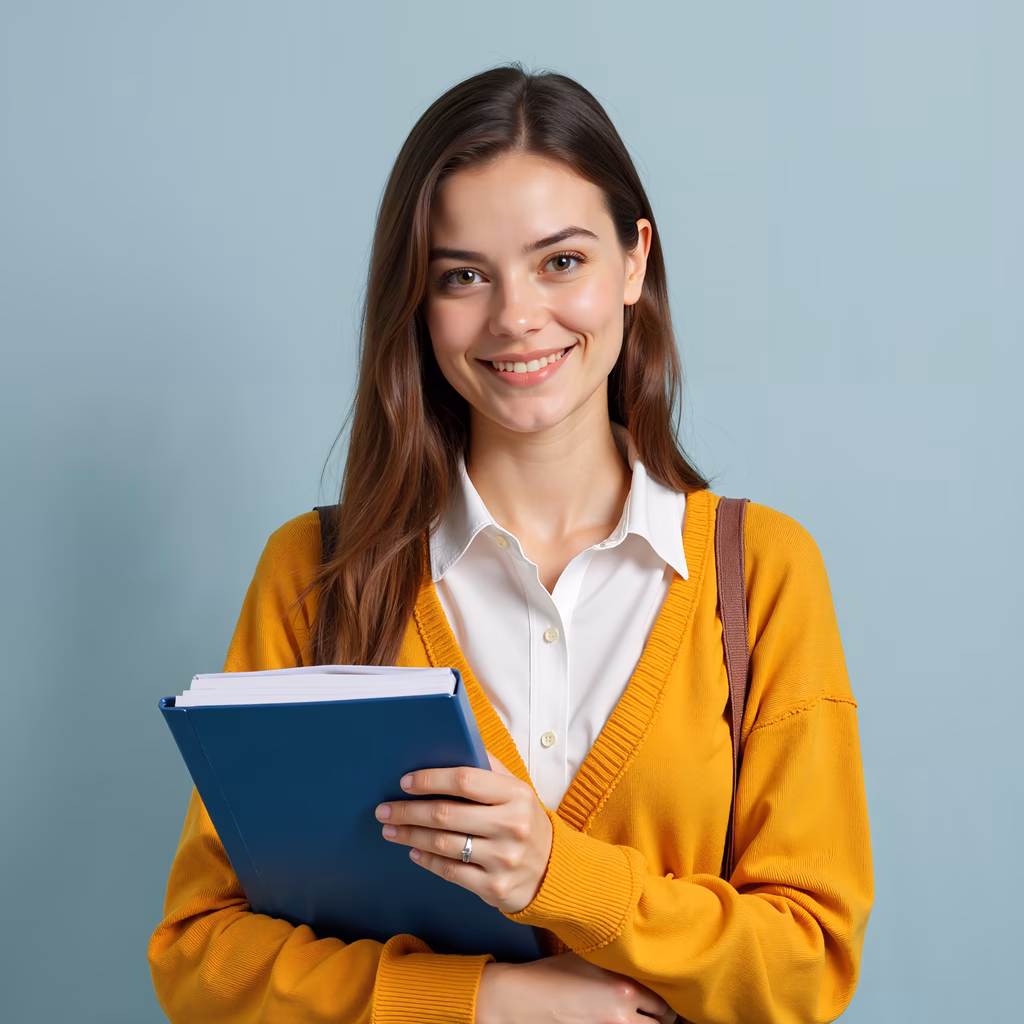 Brightly dressed student holding a folder, exuding positivity and enthusiasm.