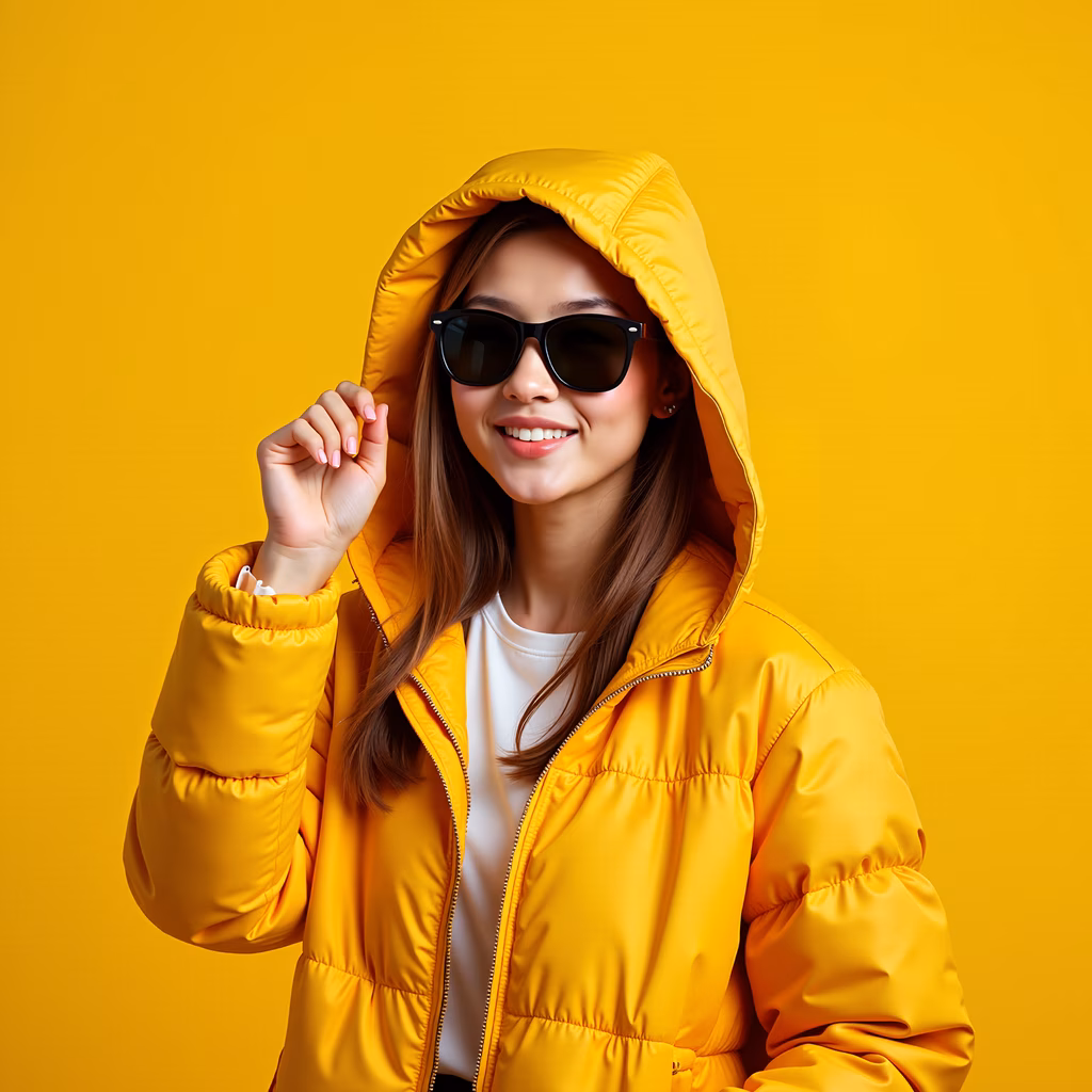 Bright yellow puffer jacket paired with white shirt and black sunglasses on a sunny day.