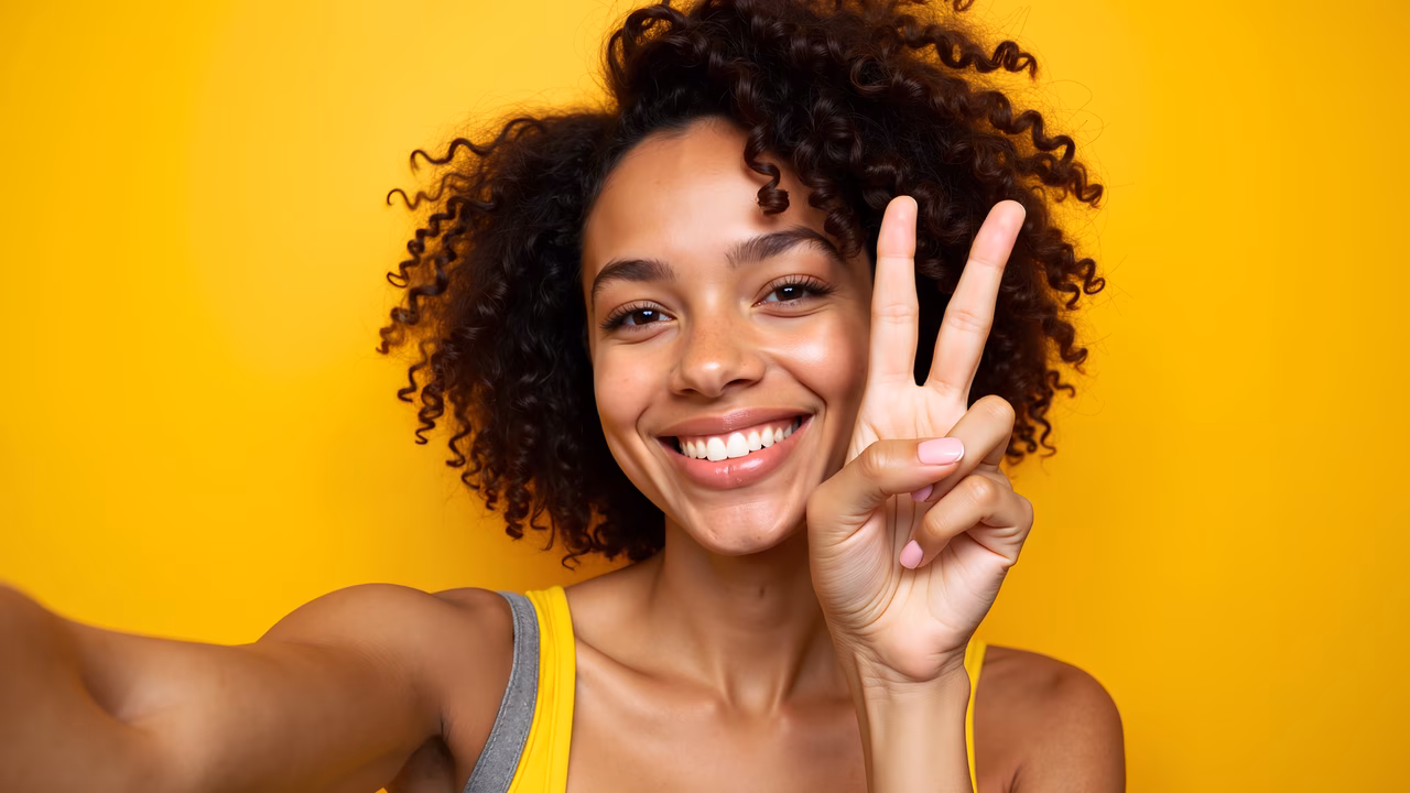 Joyful selfie with bright yellow background and peace sign.