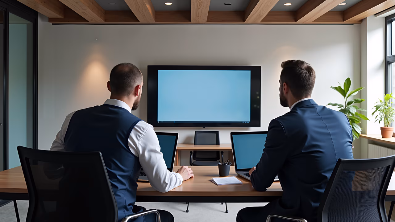 Two formally dressed individuals engaged in a business meeting in a modern office space.