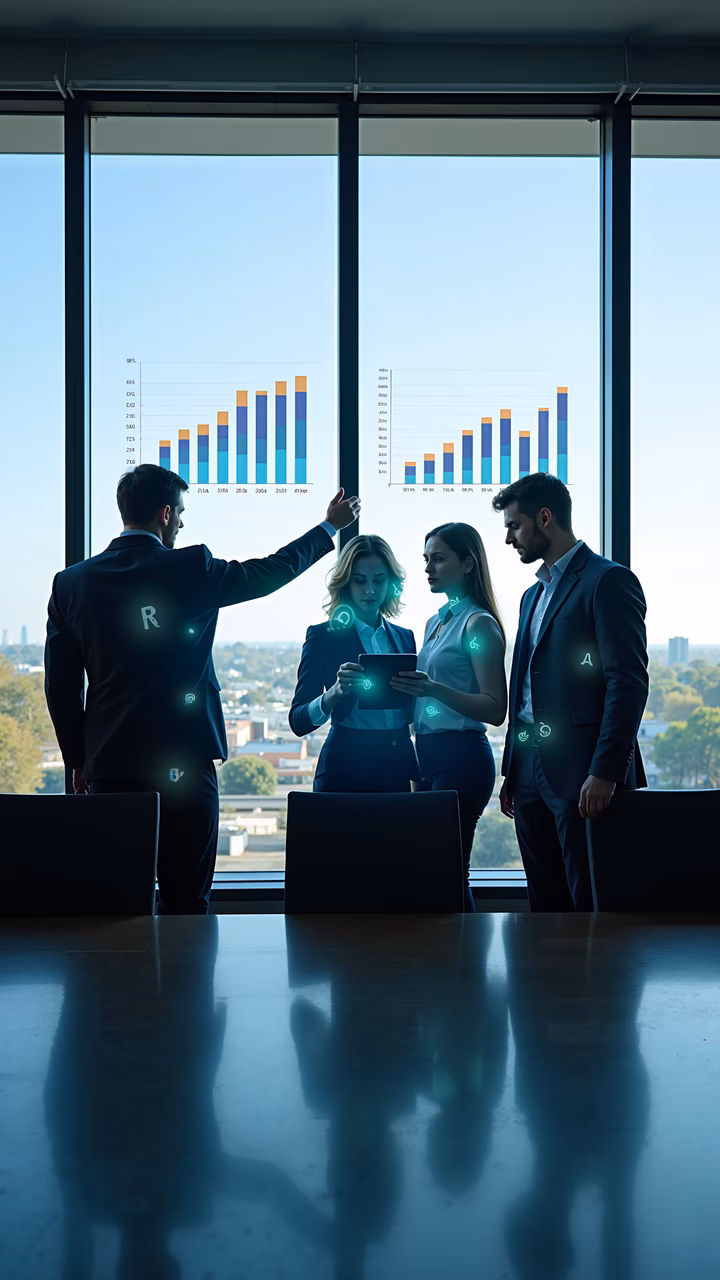 A team of professionals strategizing in a modern office with holographic displays and glowing symbols.