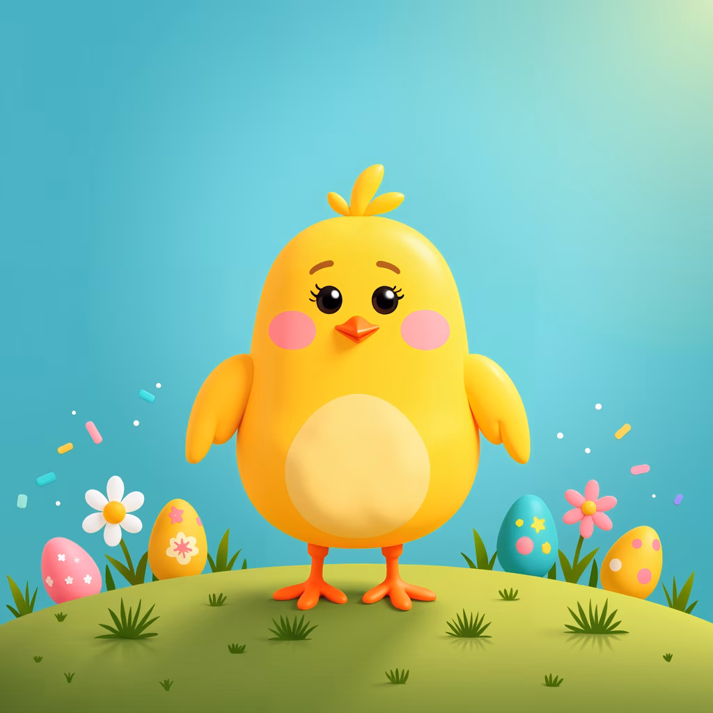 A cute cartoon chick celebrating Easter with colorful eggs and flowers.