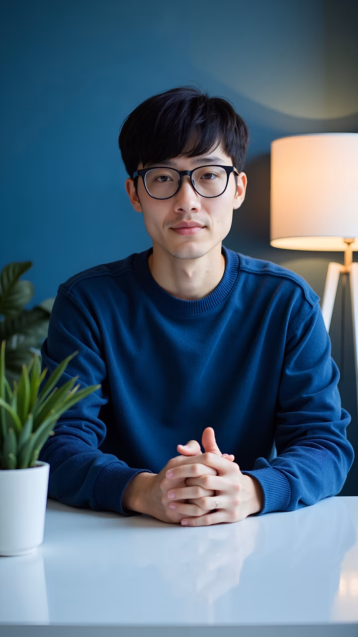 Casual portrait of a person in a dark blue sweater, seated at a white table with a warm lamp in the background.
