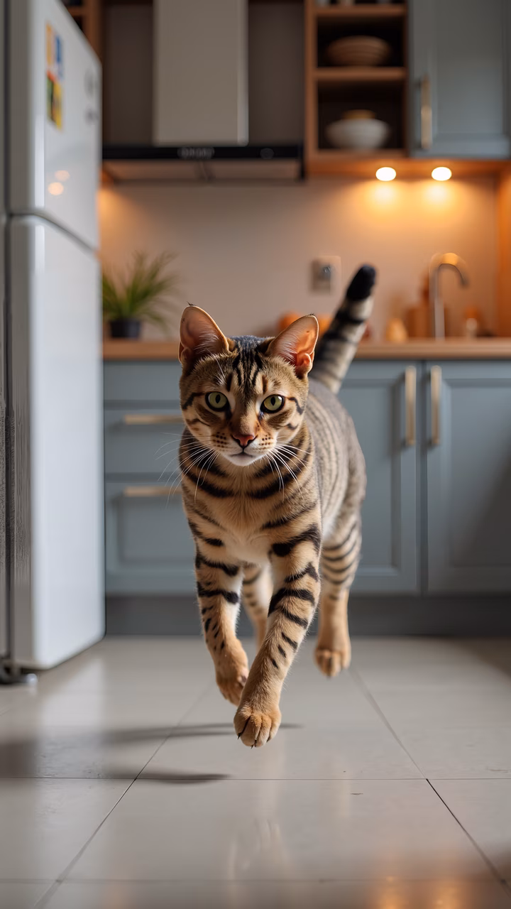 Dynamic shot of a Bengal cat in motion within a modern kitchen, showcasing its agility and vibrant green eyes.