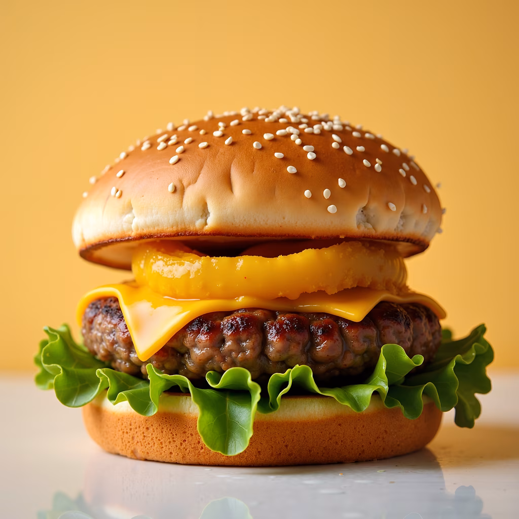 A deliciously illustrated cheeseburger with melted cheese and fresh lettuce.