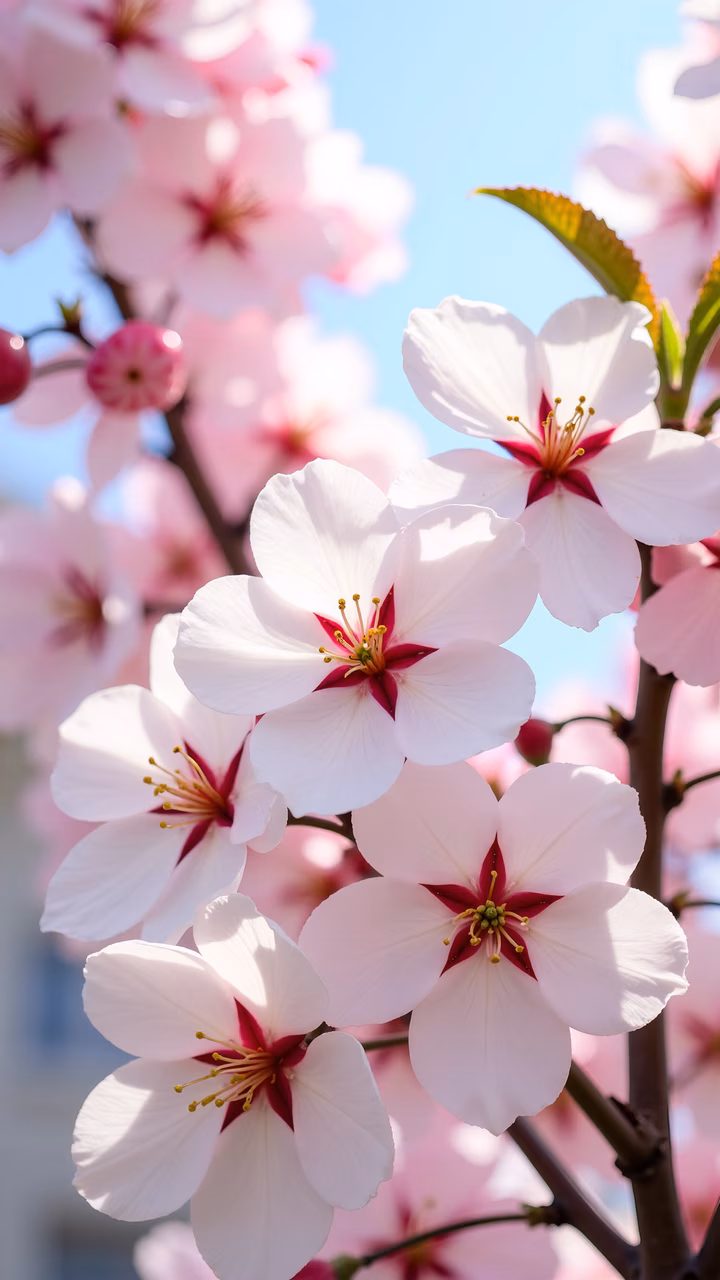 Delicate cherry blossoms against a clear blue sky, symbolizing spring's beauty and renewal.