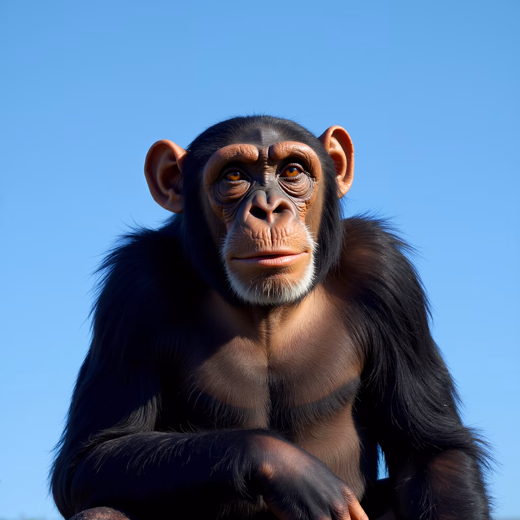 Close-up portrait of a chimpanzee against a clear blue sky, highlighting natural textures and expressions.