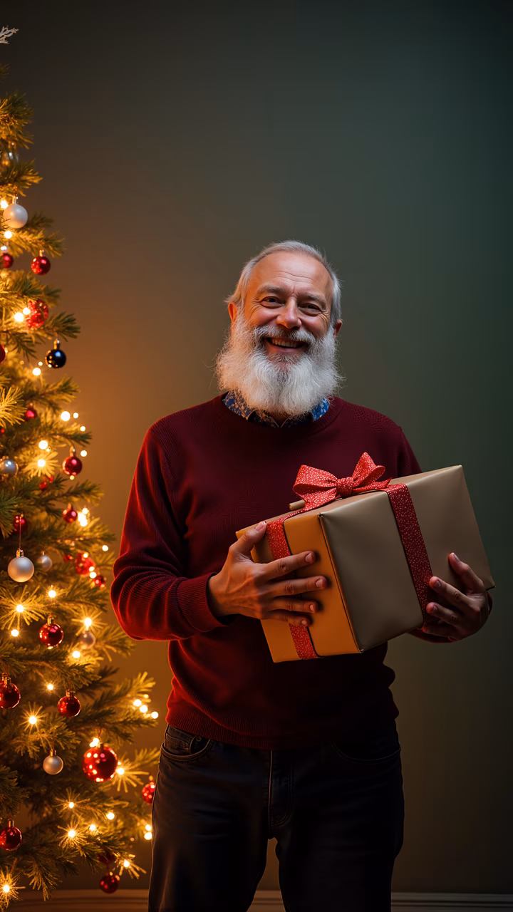 Warm holiday spirit with a cheerful elder and a decorated Christmas tree.
