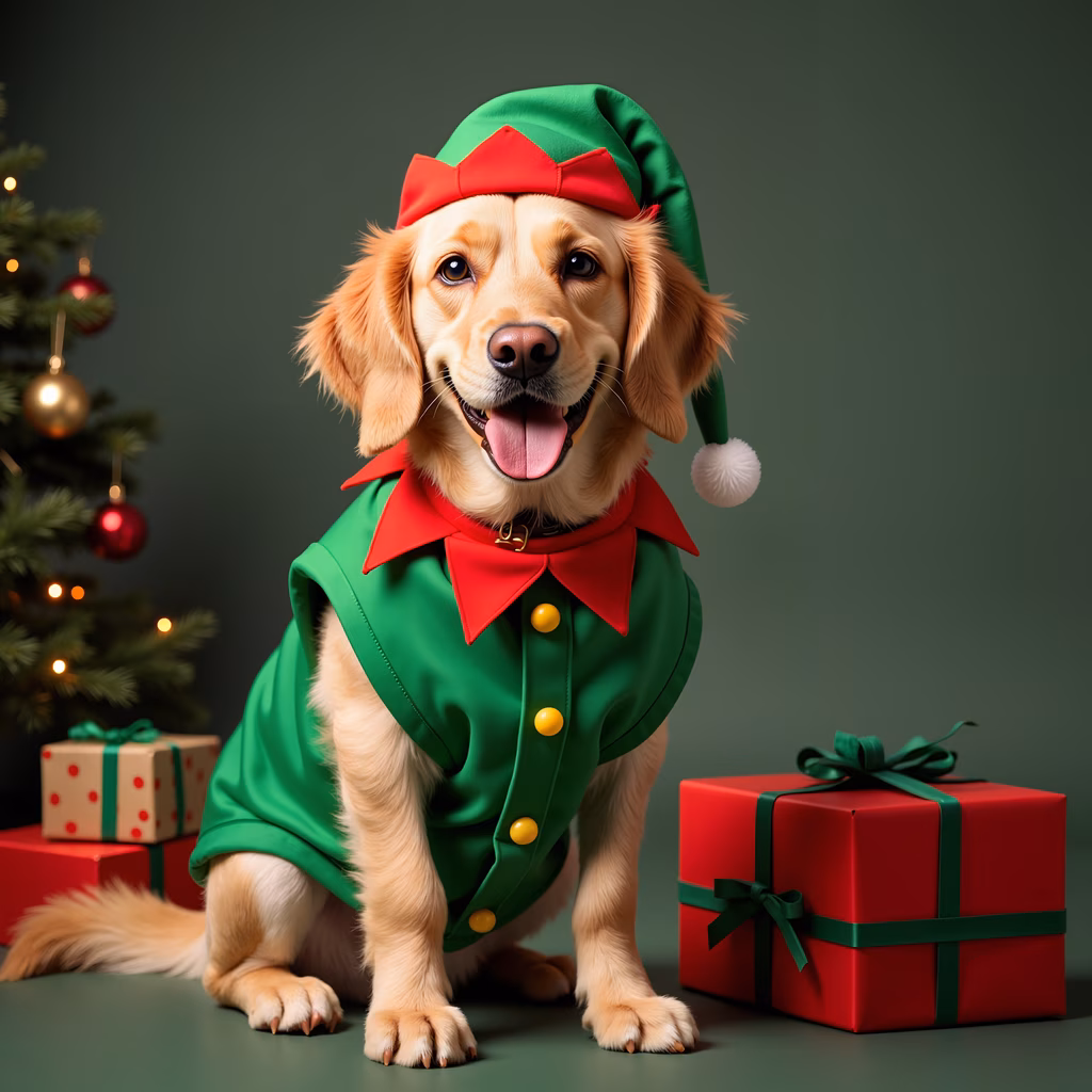 A cheerful golden retriever dressed as an elf, surrounded by Christmas decorations.