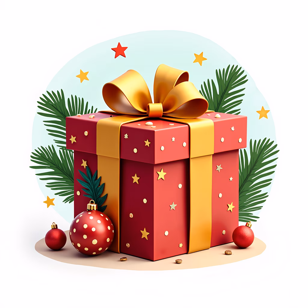 A festive red gift box with golden stars and pine branches, perfect for holiday celebrations.