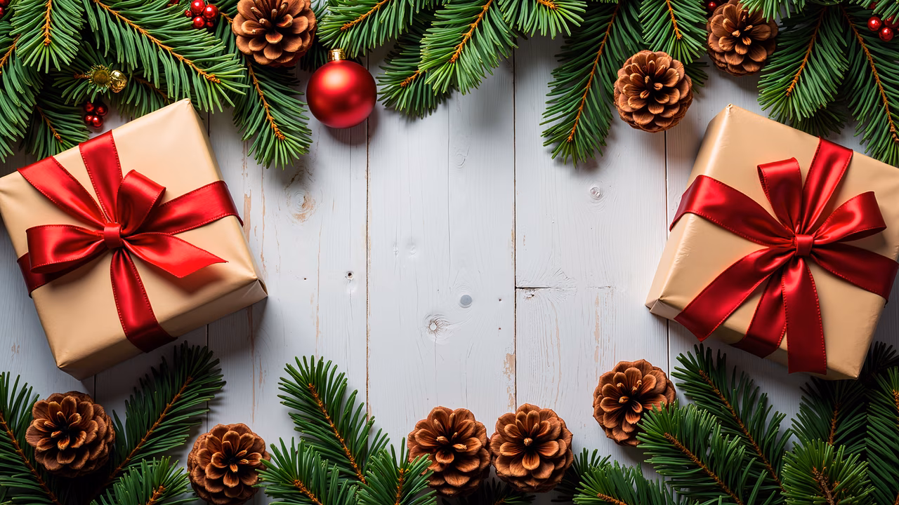 Festive Christmas gifts on a white wooden background.
