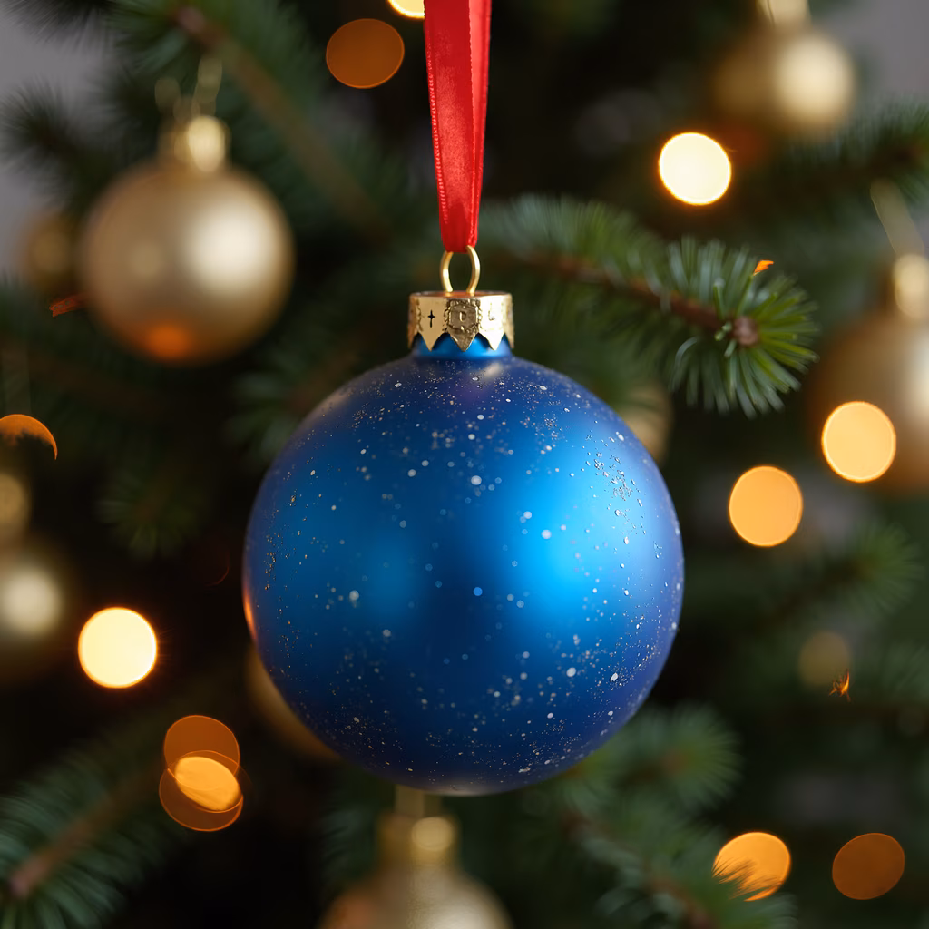 Close-up of a blue Christmas ornament with gold speckles, surrounded by warm golden lights.