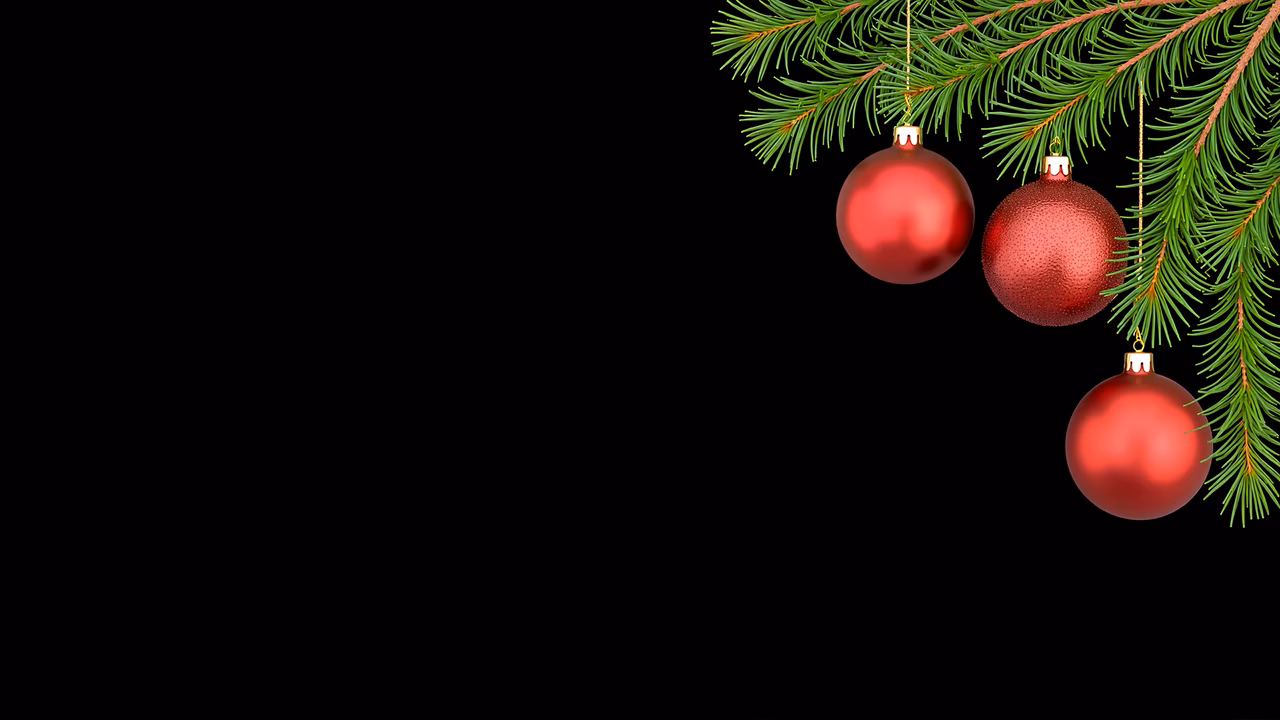 Shiny red Christmas ornaments hanging from pine needles on a black background.