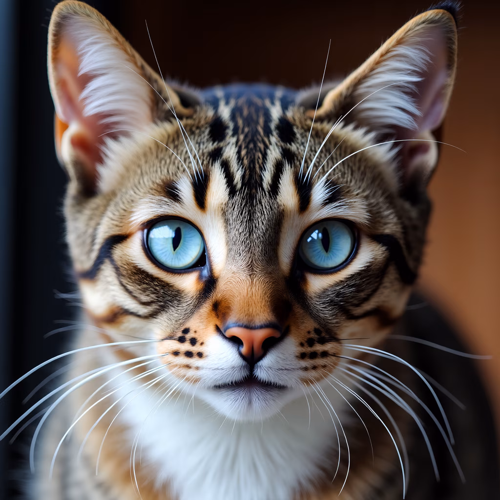 Close-up portrait of a cat with striking green eyes and detailed tabby markings.