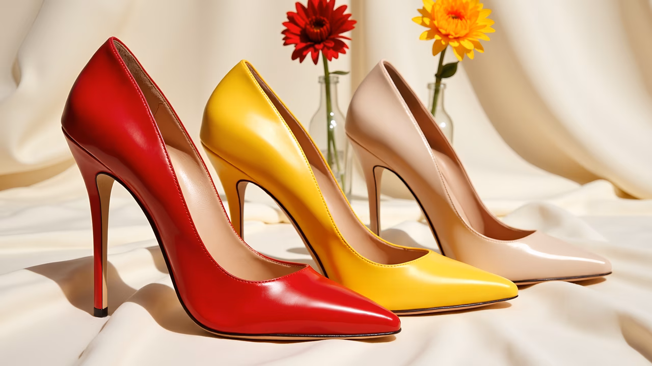 Vibrant high heels on elegant fabric with floral accents.
