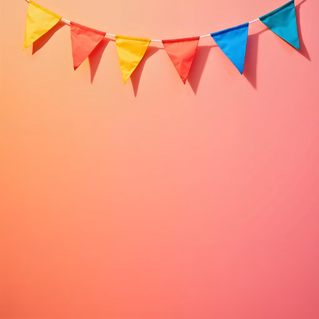 Brightly colored pennant garland against a peach-to-pink gradient background, celebrating joy and festivity.