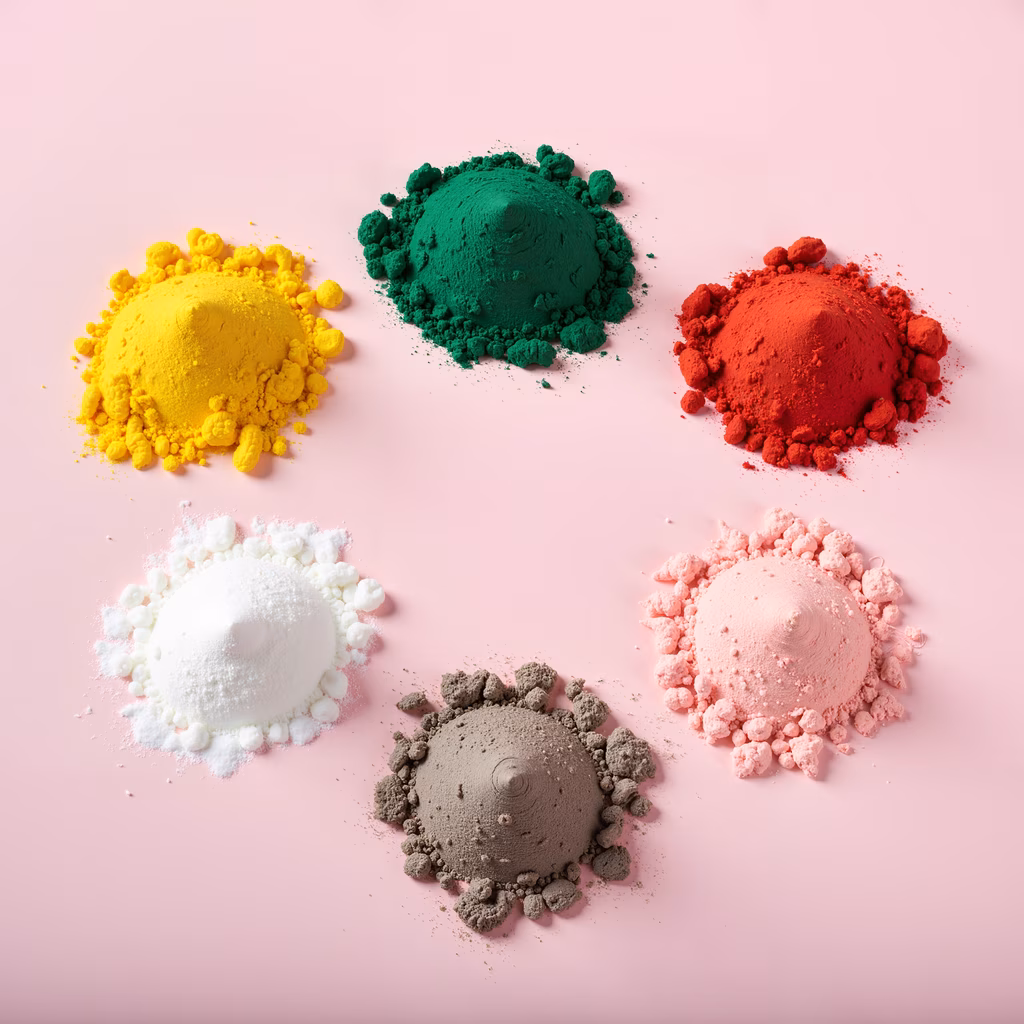 Vibrant powders in a circular arrangement on a pink background.