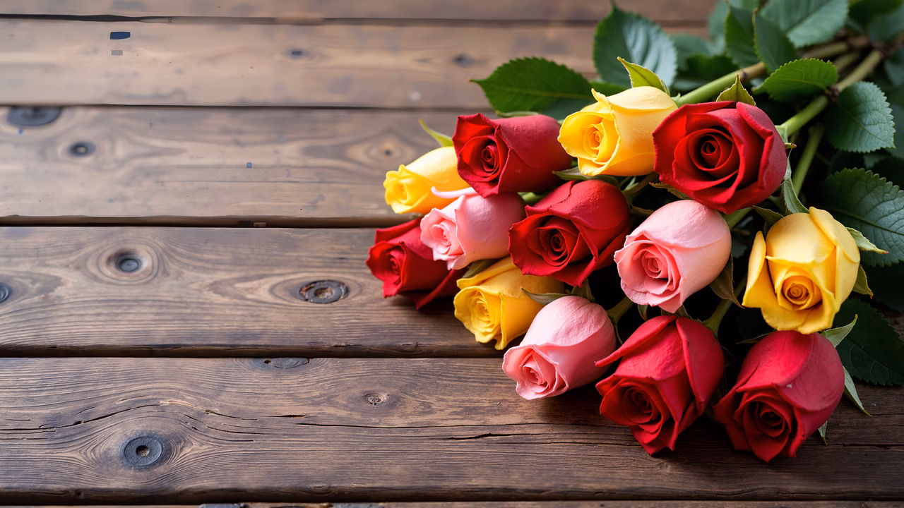 Vibrant bouquet of roses on rustic wooden background