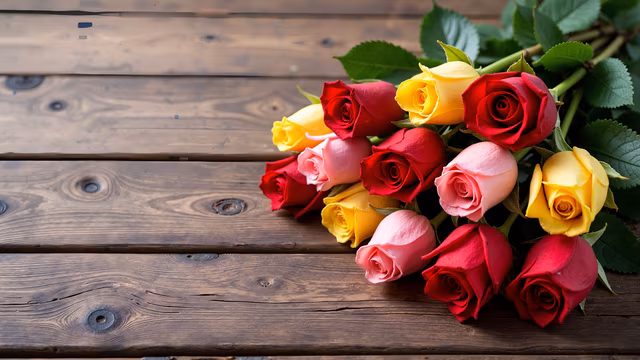Colorful Roses on Wooden Background