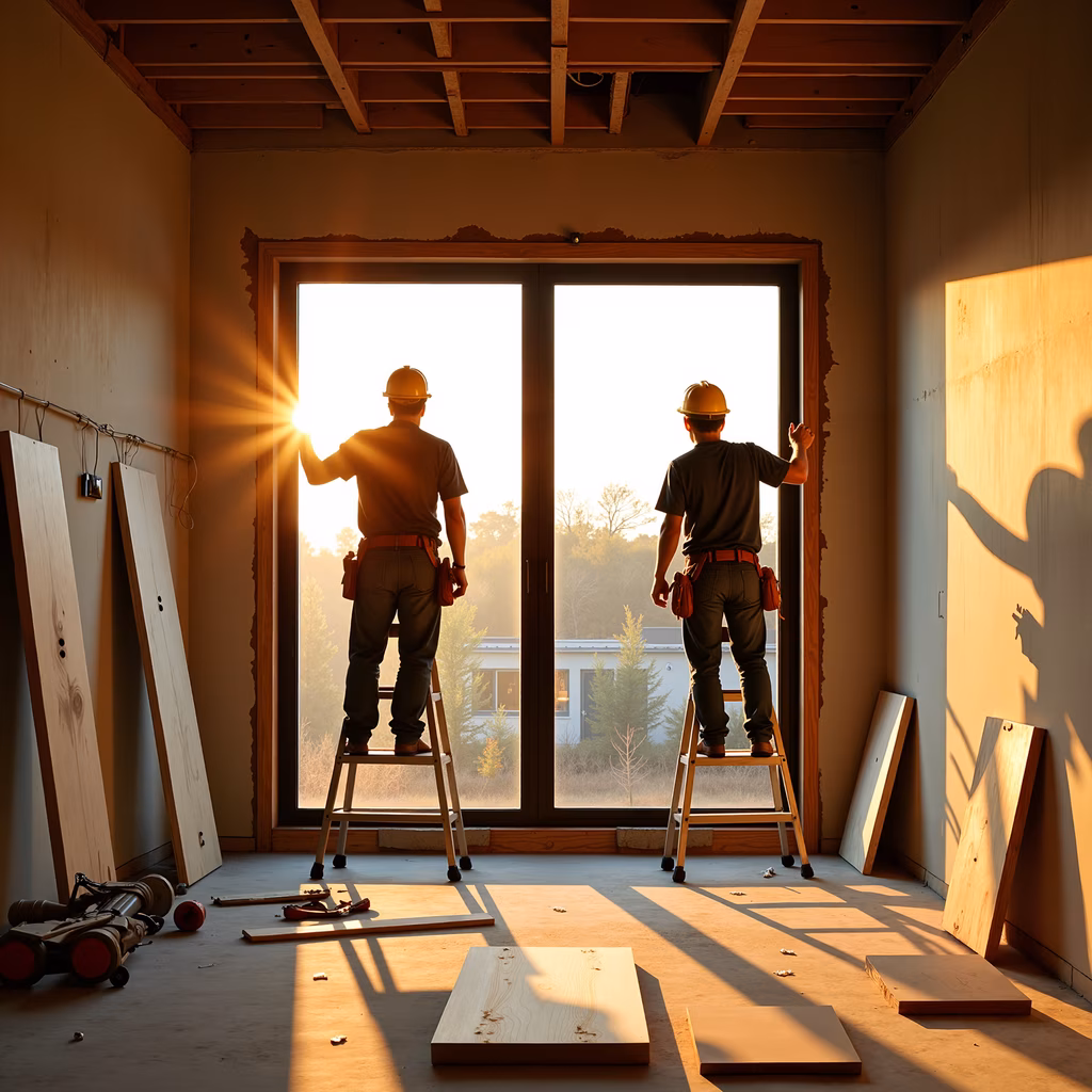 Construction workers at dawn, capturing the transition from night to day.