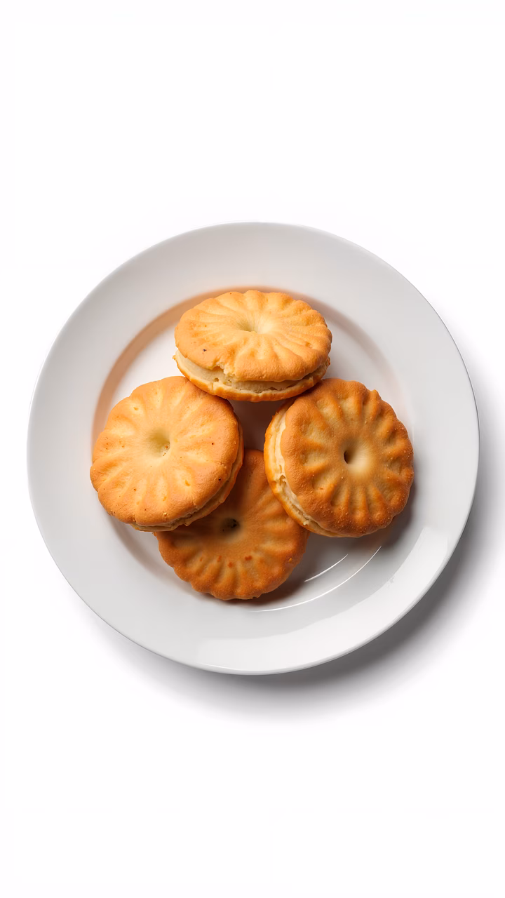 Golden cookies on a white plate, minimalist food photography.