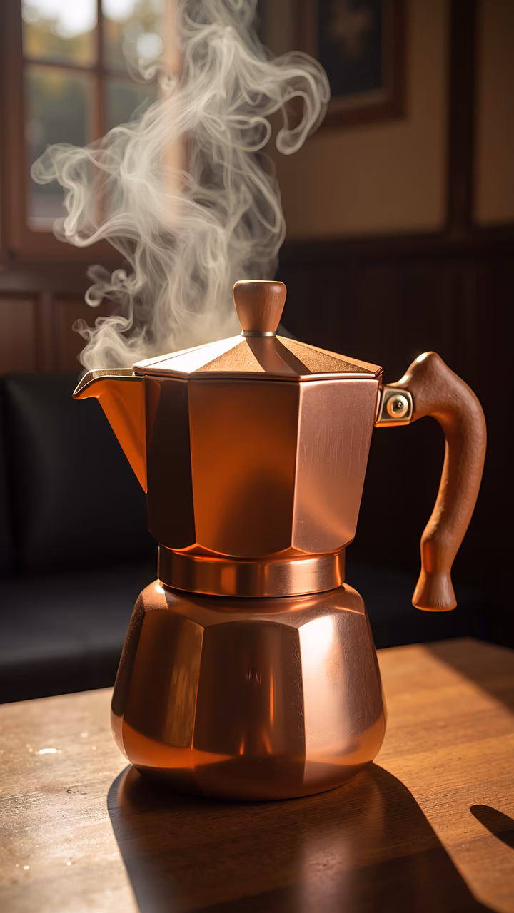 Warm copper espresso maker with steam, cozy kitchen ambiance.