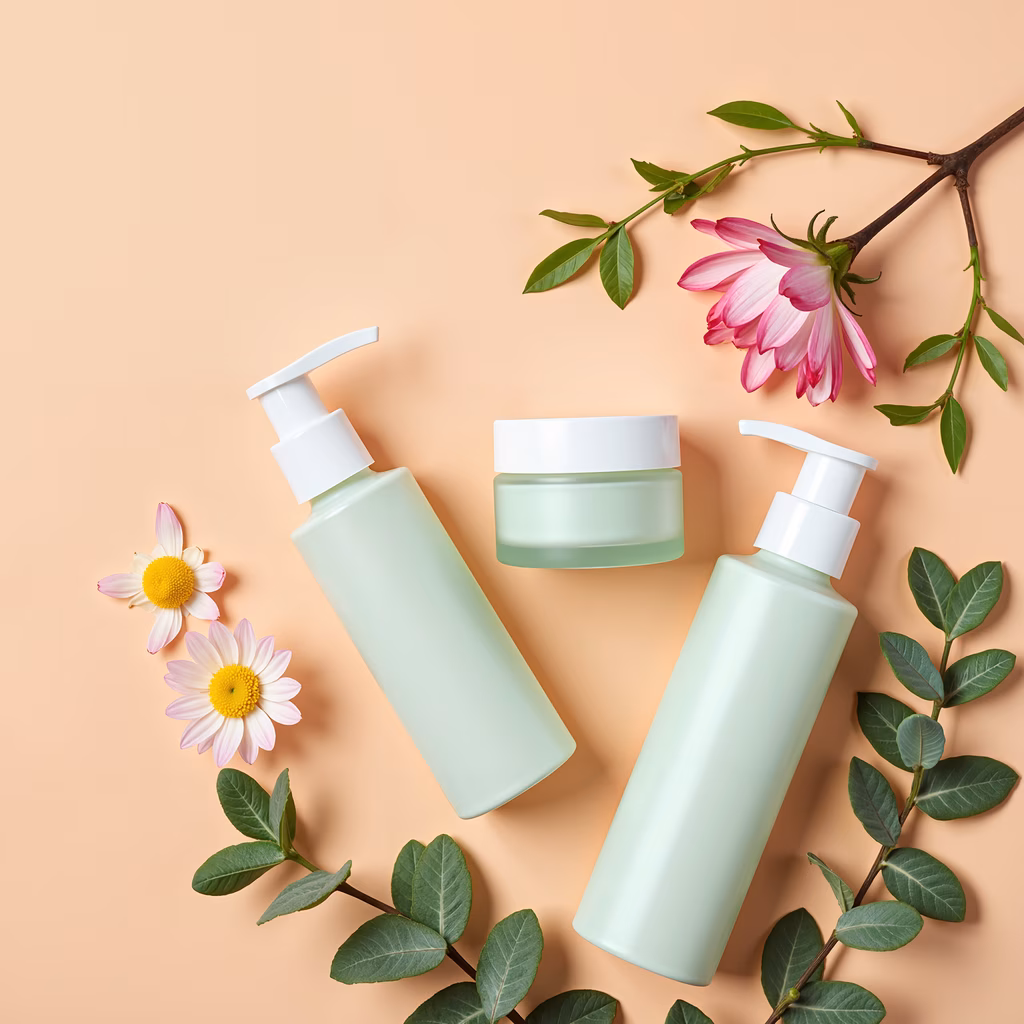 Sleek mint-green cosmetic bottles on a soft peach background with delicate flowers.