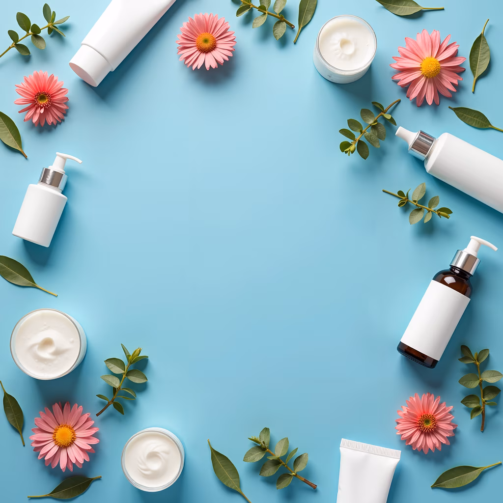 Symmetrical arrangement of cosmetic products and flowers on a blue background.