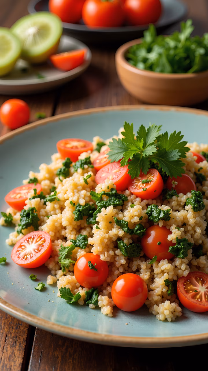 A visually appealing couscous salad with cherry tomatoes and parsley, perfect for a healthy meal.