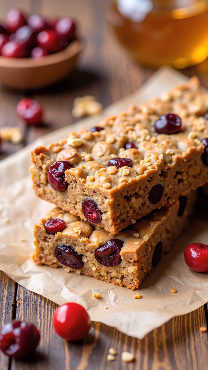 Golden cranberry oatmeal bars on a rustic wooden table, perfect for a cozy snack.