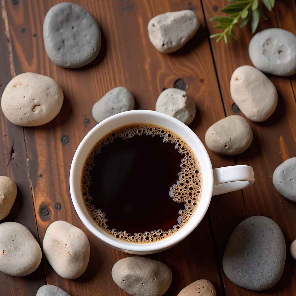 A steaming cup of coffee on a wooden table with smooth stones, creating a serene and simple atmosphere.