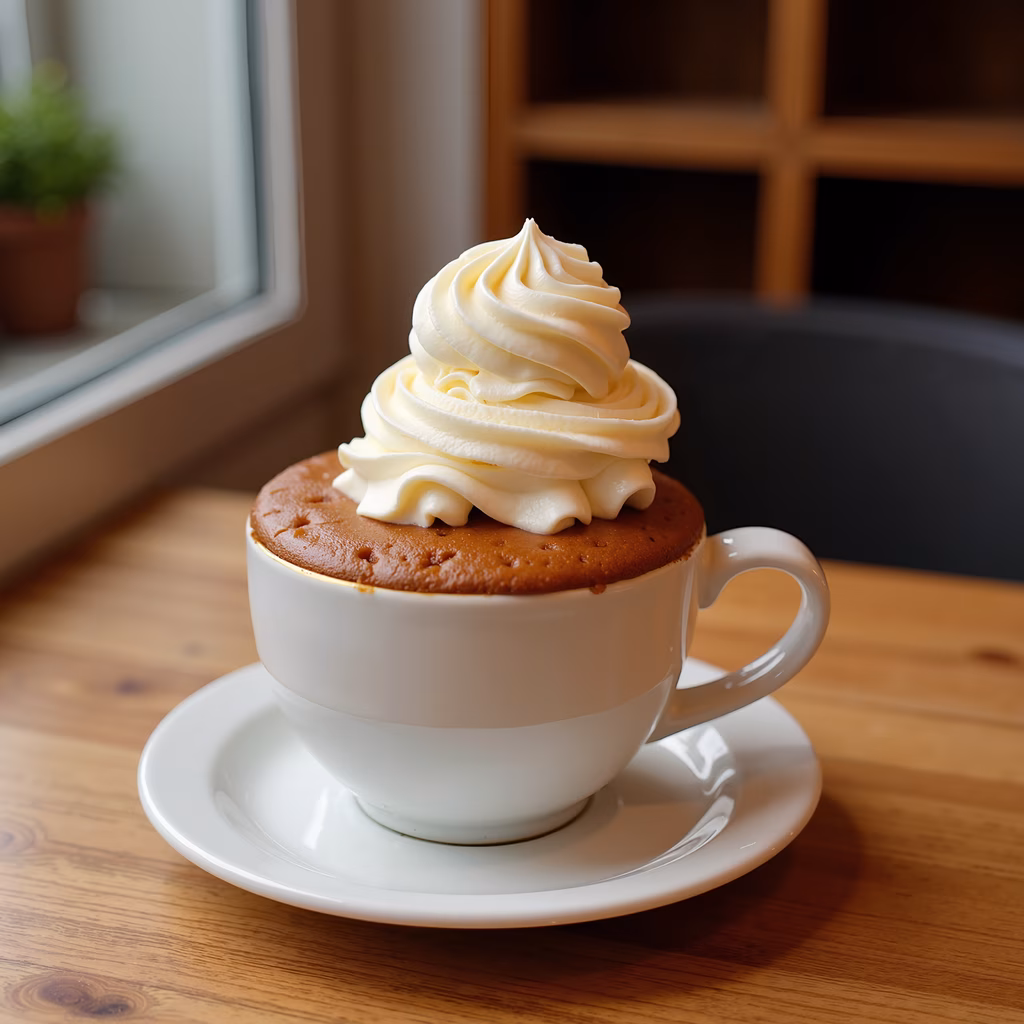 Close-up of a cupcake in a mug, topped with whipped cream, set against a warm, inviting backdrop.