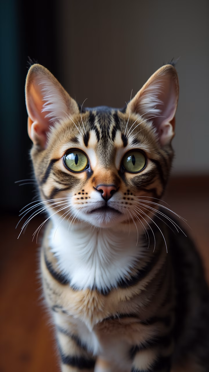 Close-up of a curious Bengal cat with green eyes and striped fur.