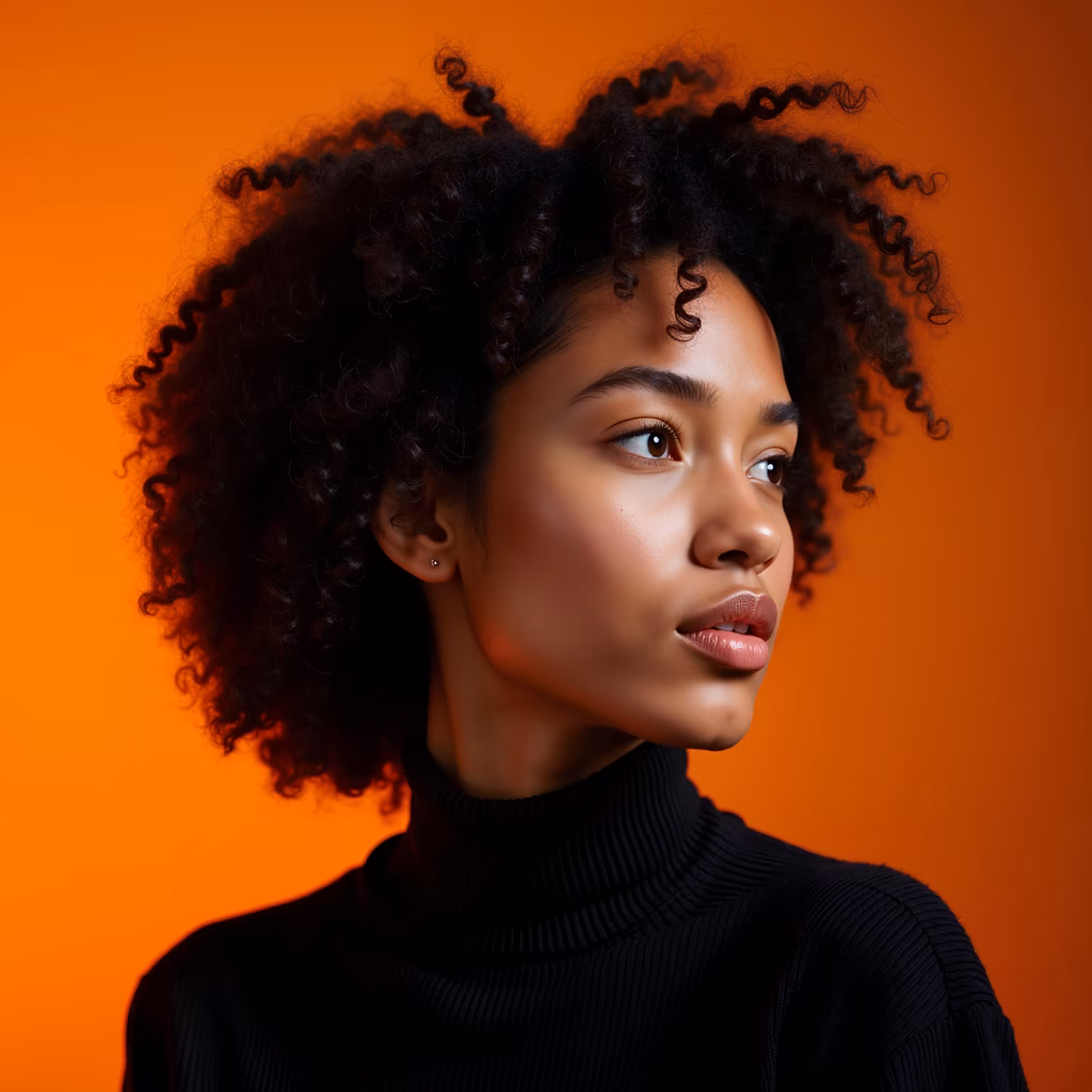 Close-up portrait of curly hair against an orange background, emphasizing texture and contrast.