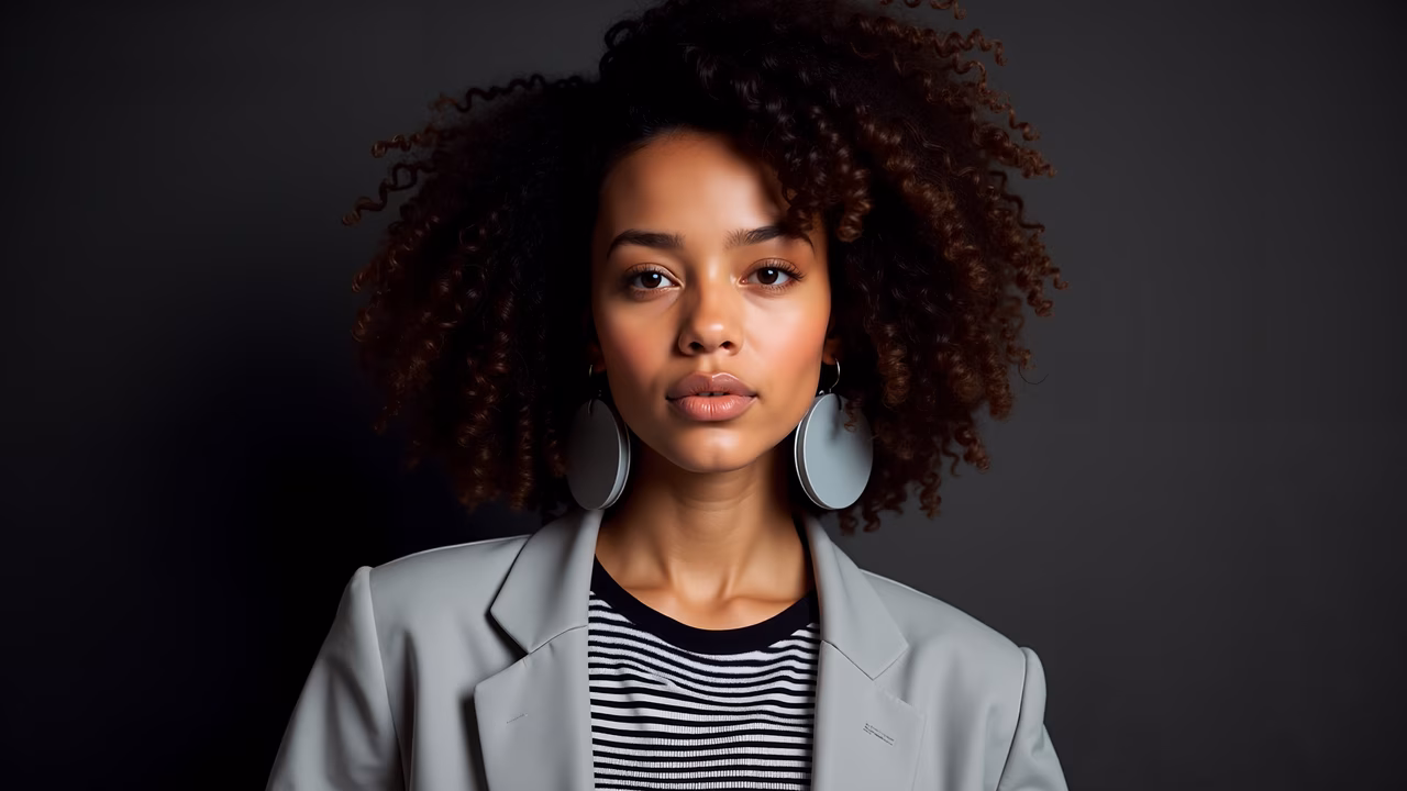 Close-up portrait of a person with curly hair, wearing a blazer and earrings, set against a dark gradient background.