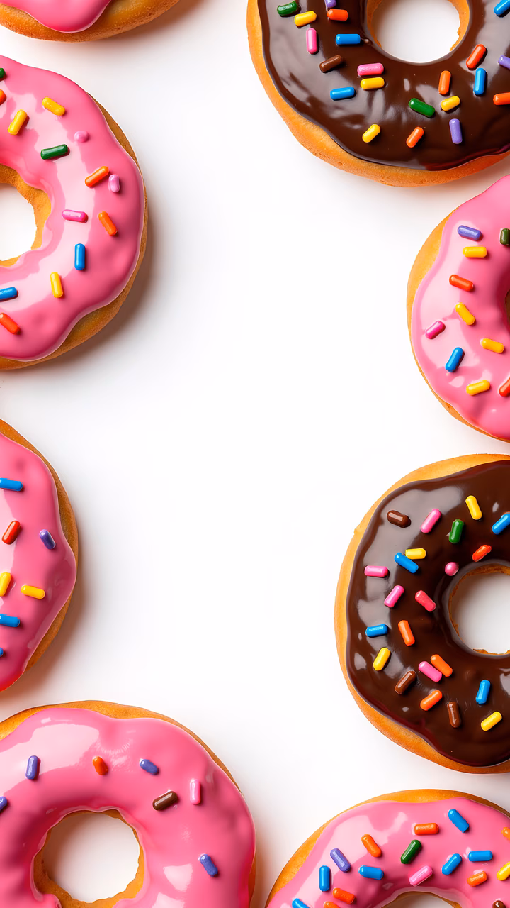 Brightly colored donuts with sprinkles on a white background.