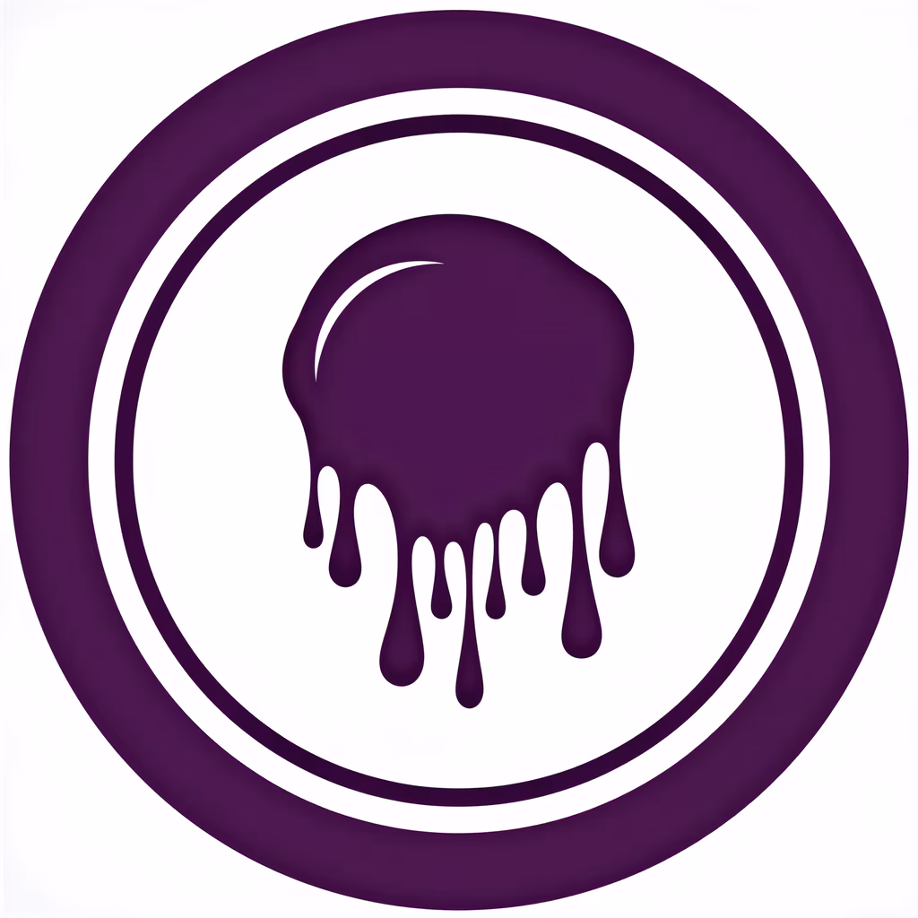 Minimalist abstract illustration with dripping purple shapes on concentric circles.