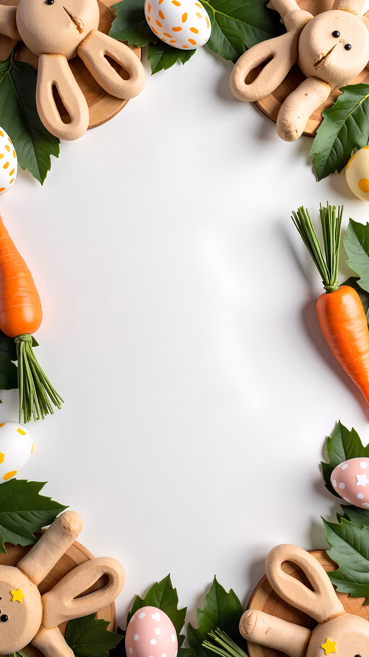 Easter bunny cookies with vibrant eggs and carrots on a white background.