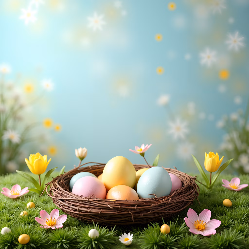 Pastel Easter eggs in a floral nest on a blue background.